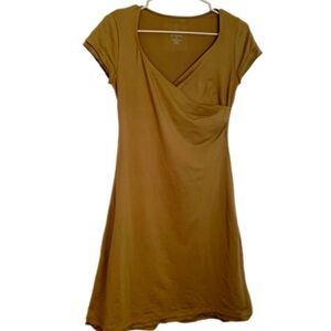 Prana khaki olive green midi A-line suplice neckline sporty casual dress Sz XS
